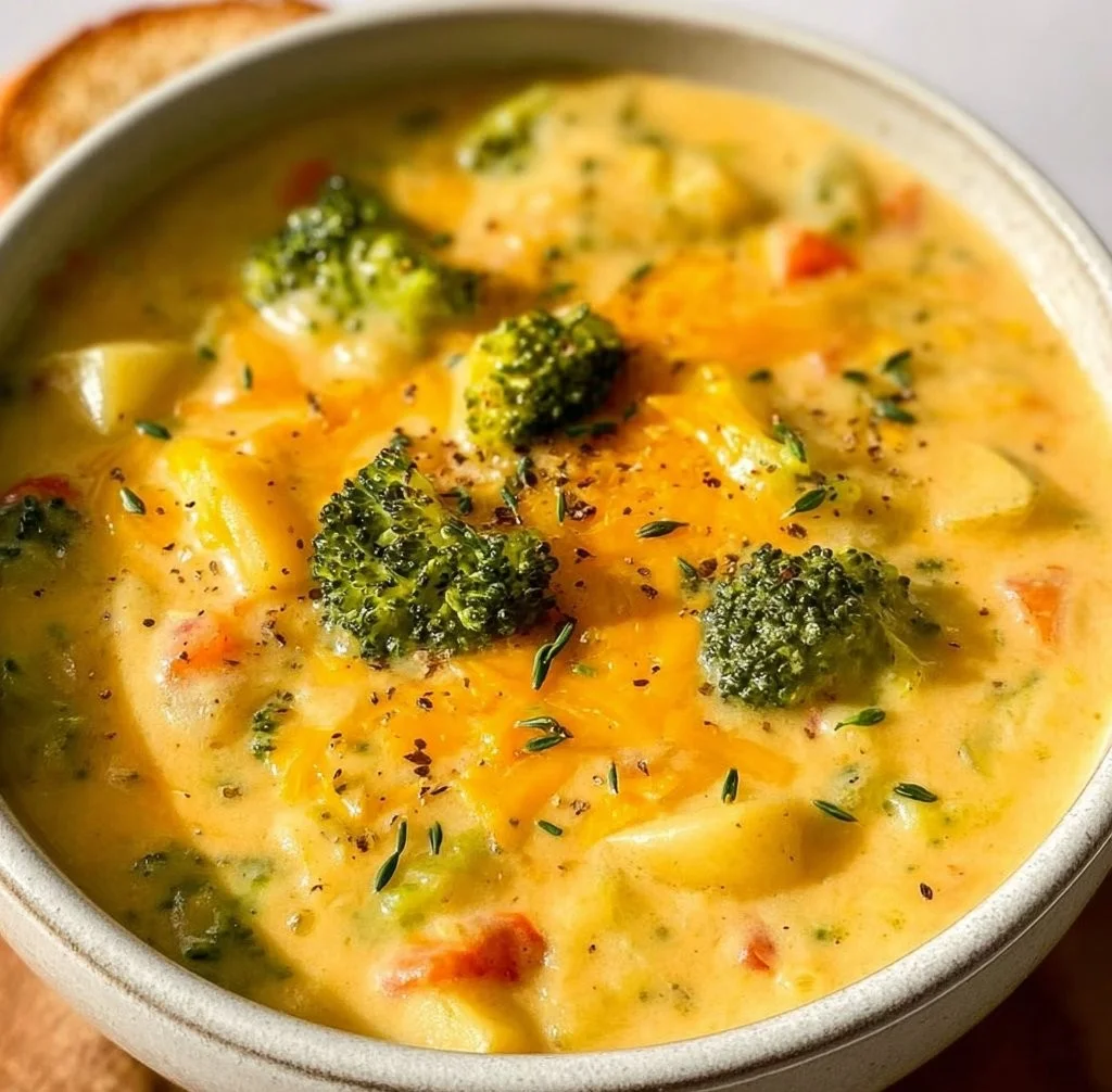 Bowl of creamy Broccoli Potato Cheese Soup topped with cheese and herbs