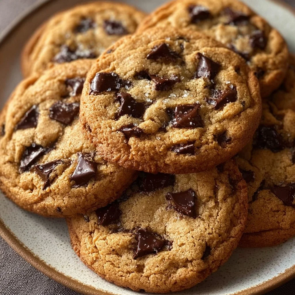 Freshly baked brown butter chocolate chip cookies on a cooling rack