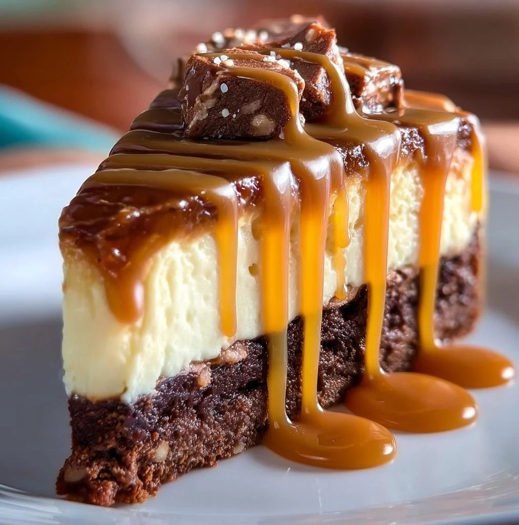 Slice of Brownie Caramel Cheesecake with caramel drizzle on top.