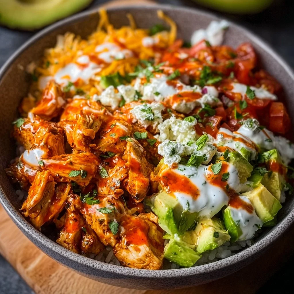 Delicious Buffalo Chicken Bowls with toppings and ingredients