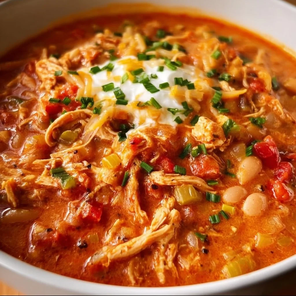 Bowl of spicy Buffalo Chicken Chili topped with green onions
