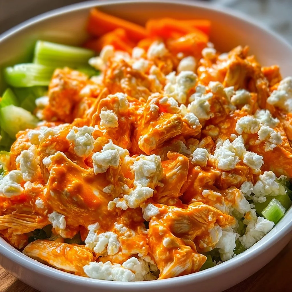 Delicious Buffalo Chicken Cottage Cheese Bowl topped with green onions