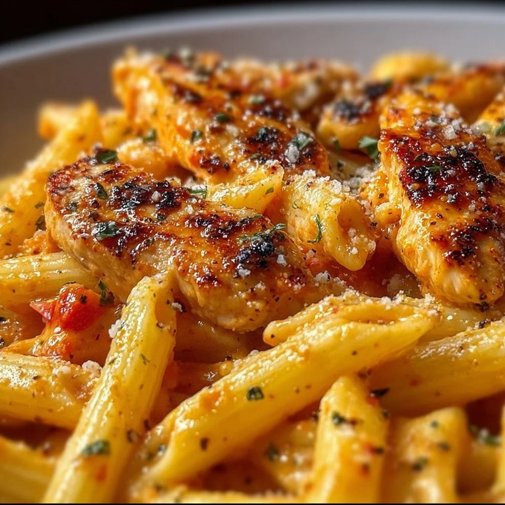 Delicious bowl of Buffalo Chicken Pasta topped with fresh herbs and cheese