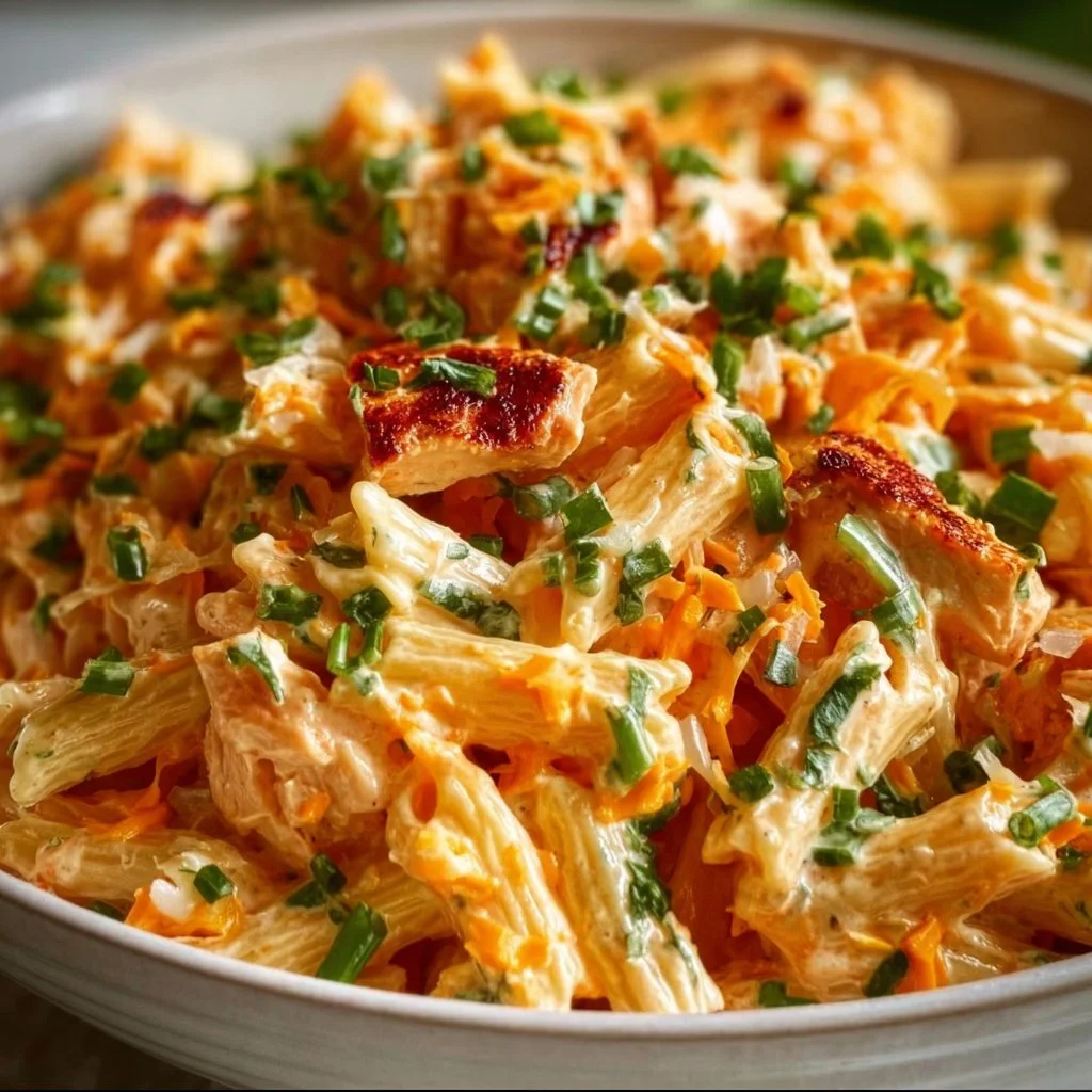 Delicious Buffalo Chicken Pasta Salad with spicy chicken and creamy dressing
