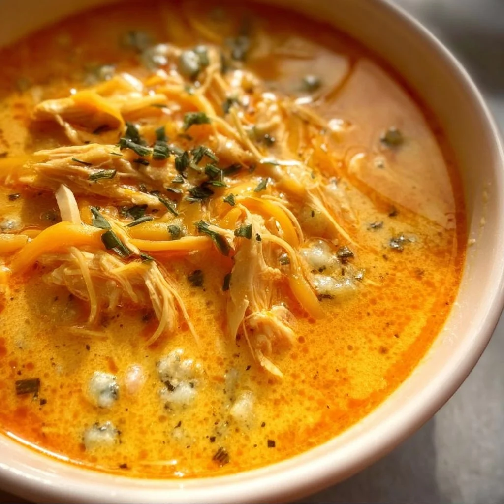 Bowl of creamy Buffalo Chicken Soup topped with green onions and garnished with herbs