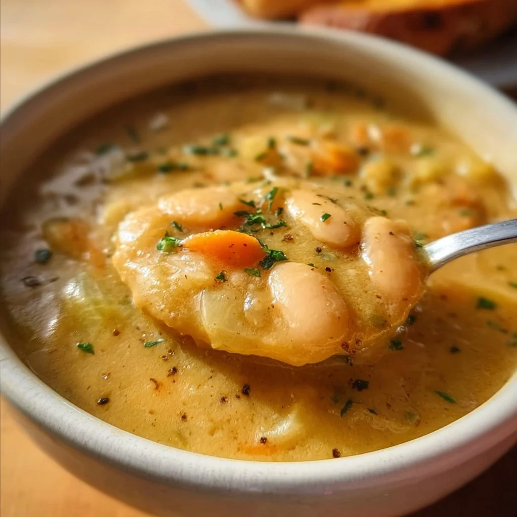 A bowl of creamy butter bean soup garnished with herbs and spices.