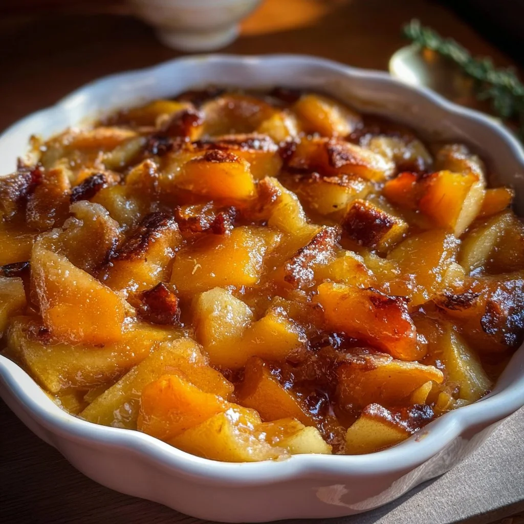 Delicious butternut squash apple bake in a baking dish with spices and herbs