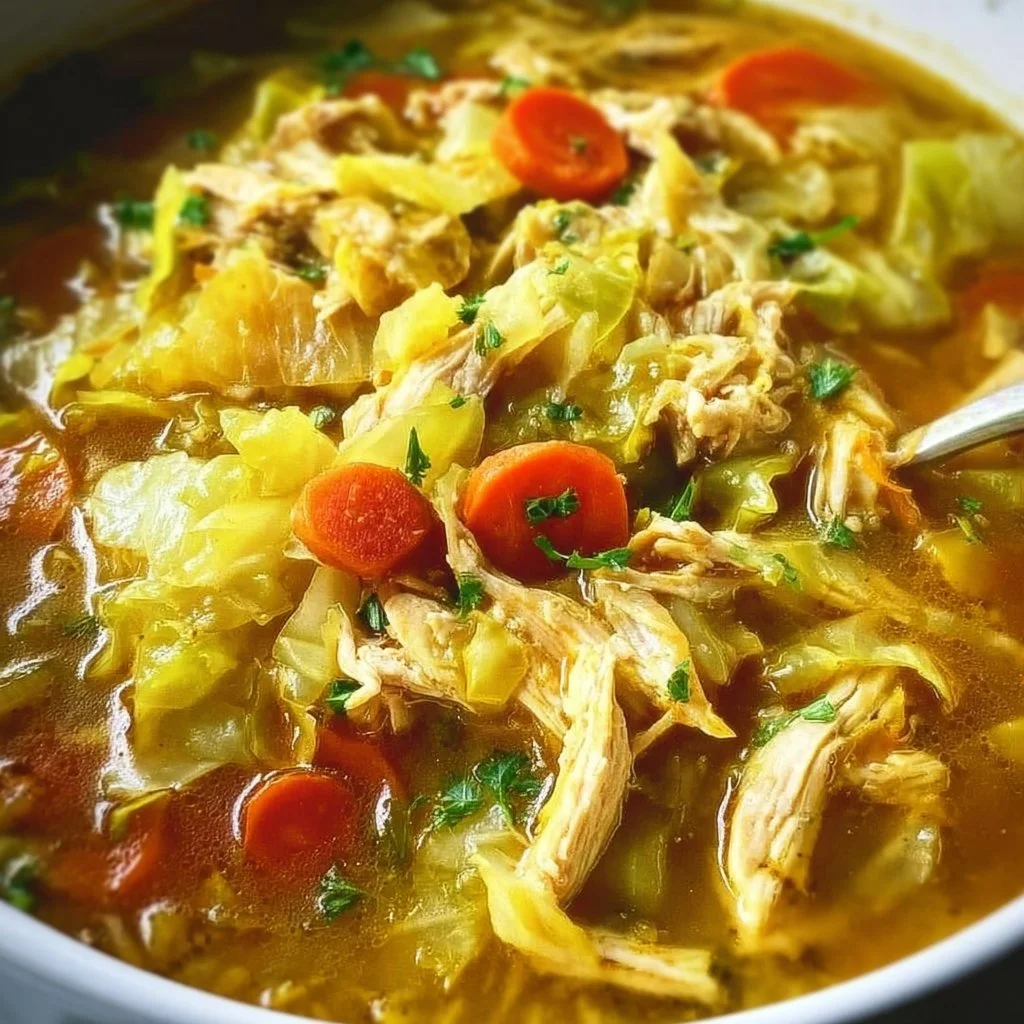 Warm bowl of Cabbage Chicken Soup with fresh ingredients and herbs