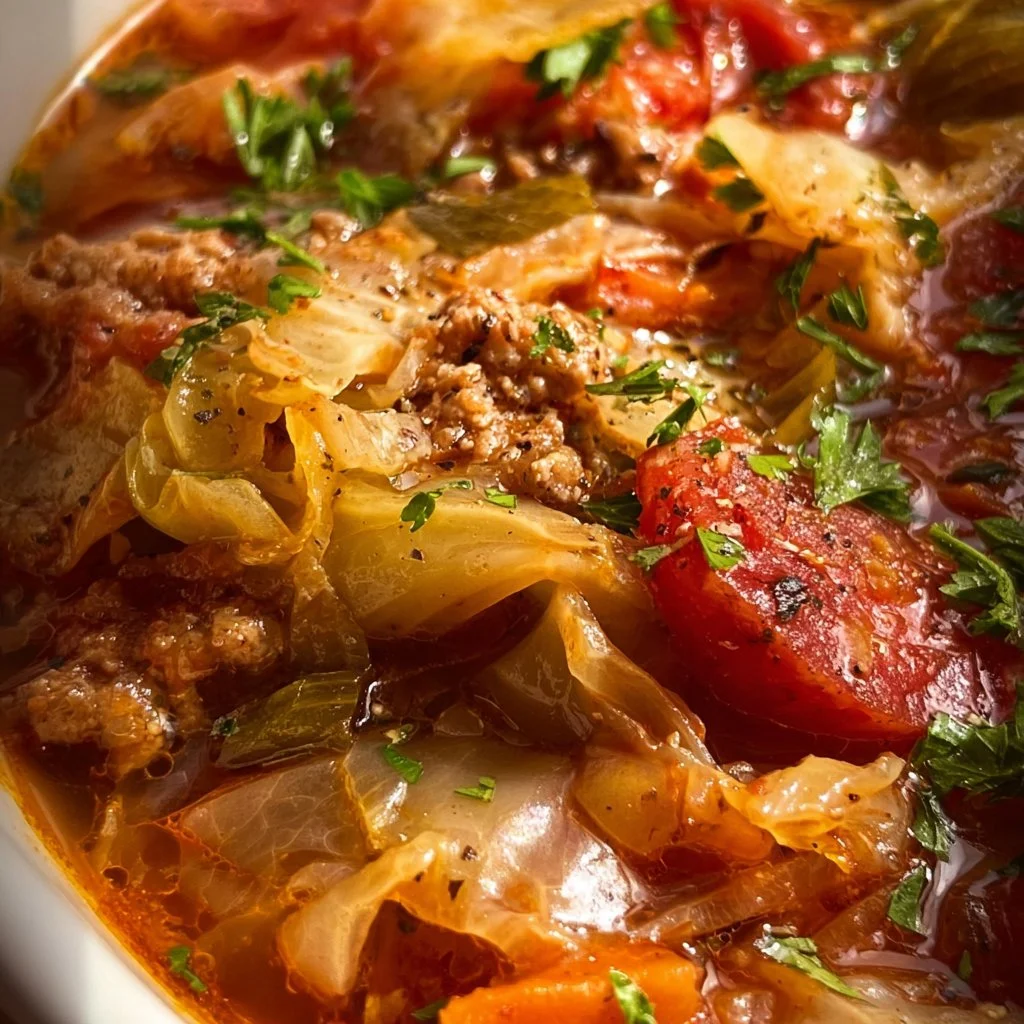 Bowl of delicious Cabbage Roll Soup topped with fresh herbs