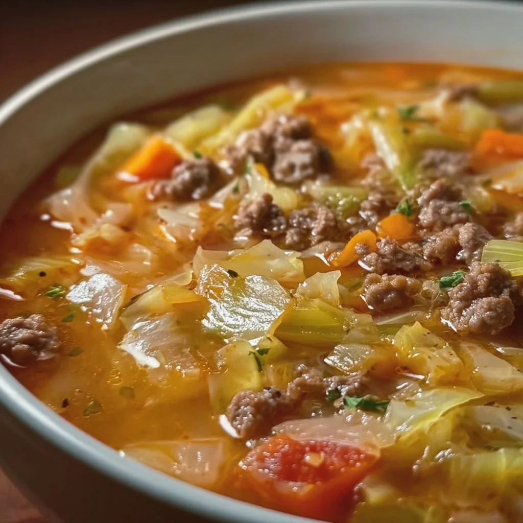 Bowl of cabbage soup with hamburger and vegetables, a hearty meal option.