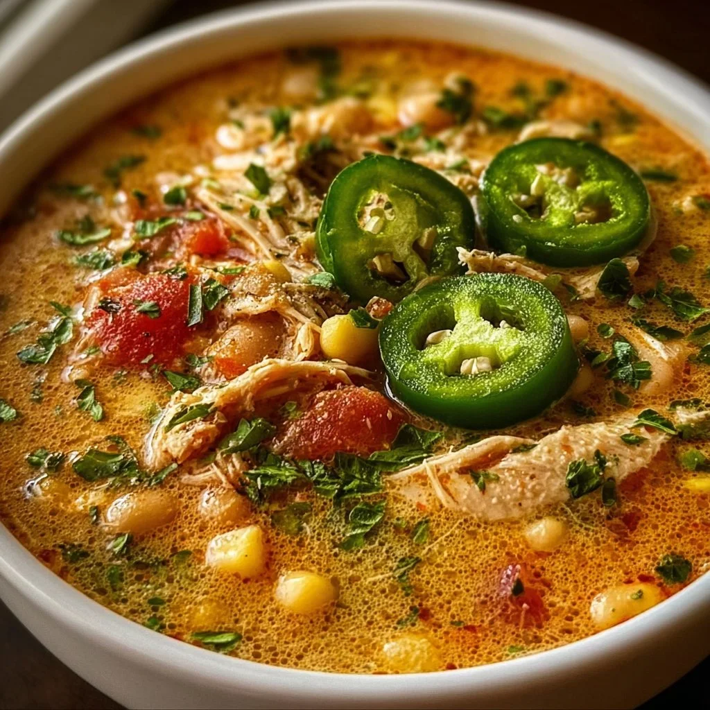 Bowl of flavorful Cajun white chicken chili topped with cilantro and spices.