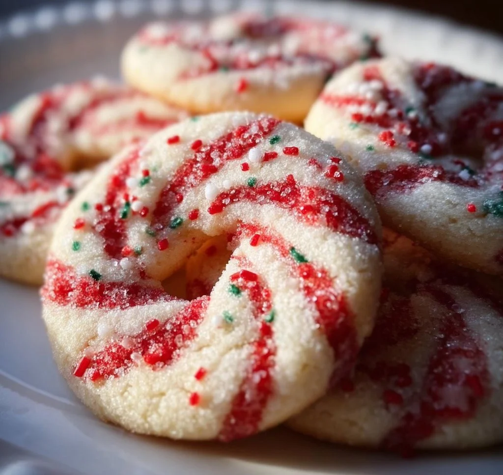 Delicious homemade Candy Cane Cookies with festive red and white swirls.