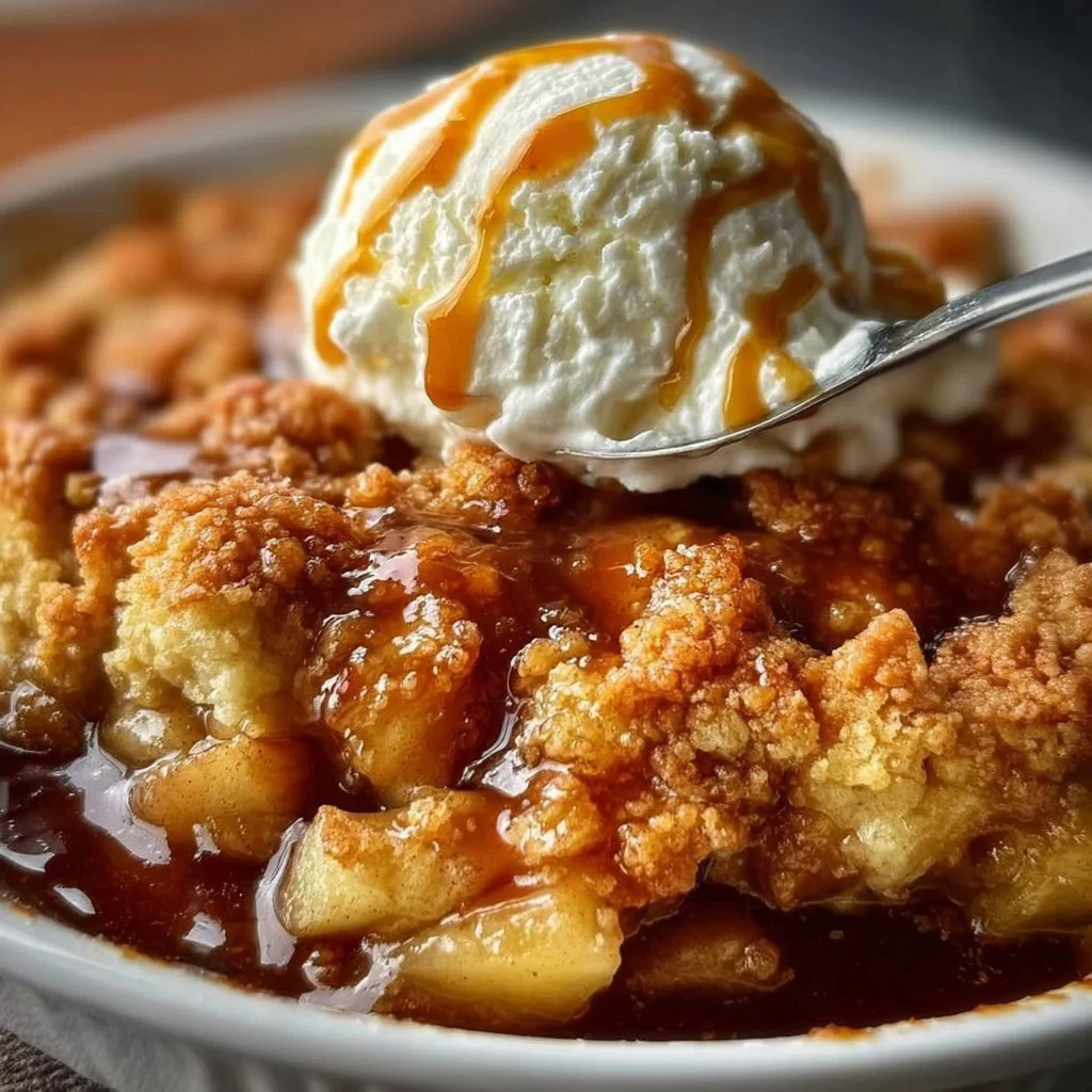 Delicious Caramel Apple Cobbler dessert topped with caramel sauce and fresh apples