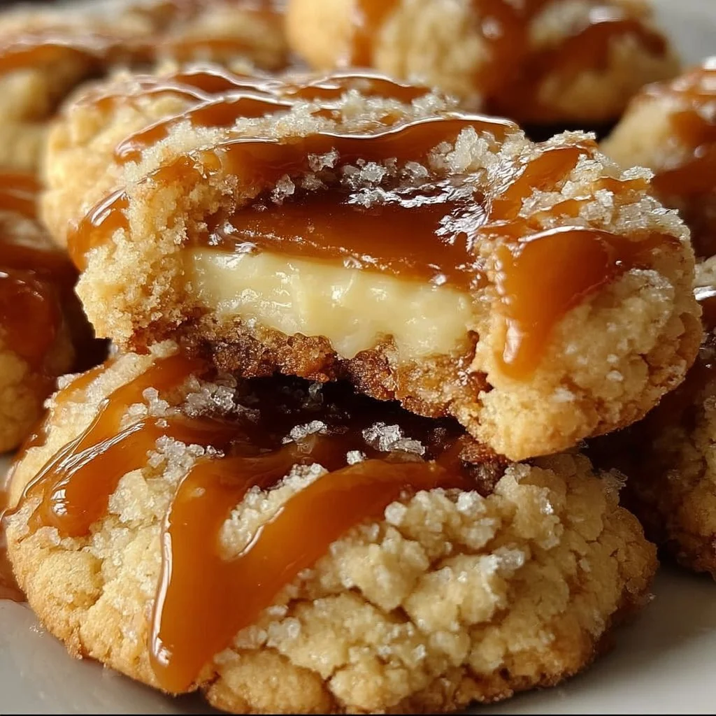 Delicious Caramel Cheesecake Cookies with creamy filling and caramel drizzle