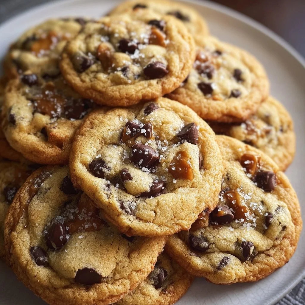 Delicious caramel chocolate chip cookies stacked on a plate.
