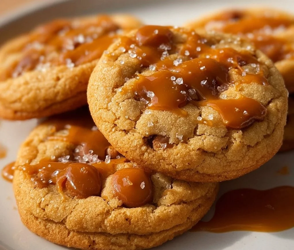 Delicious caramel cookies baked to perfection, topped with drizzled caramel