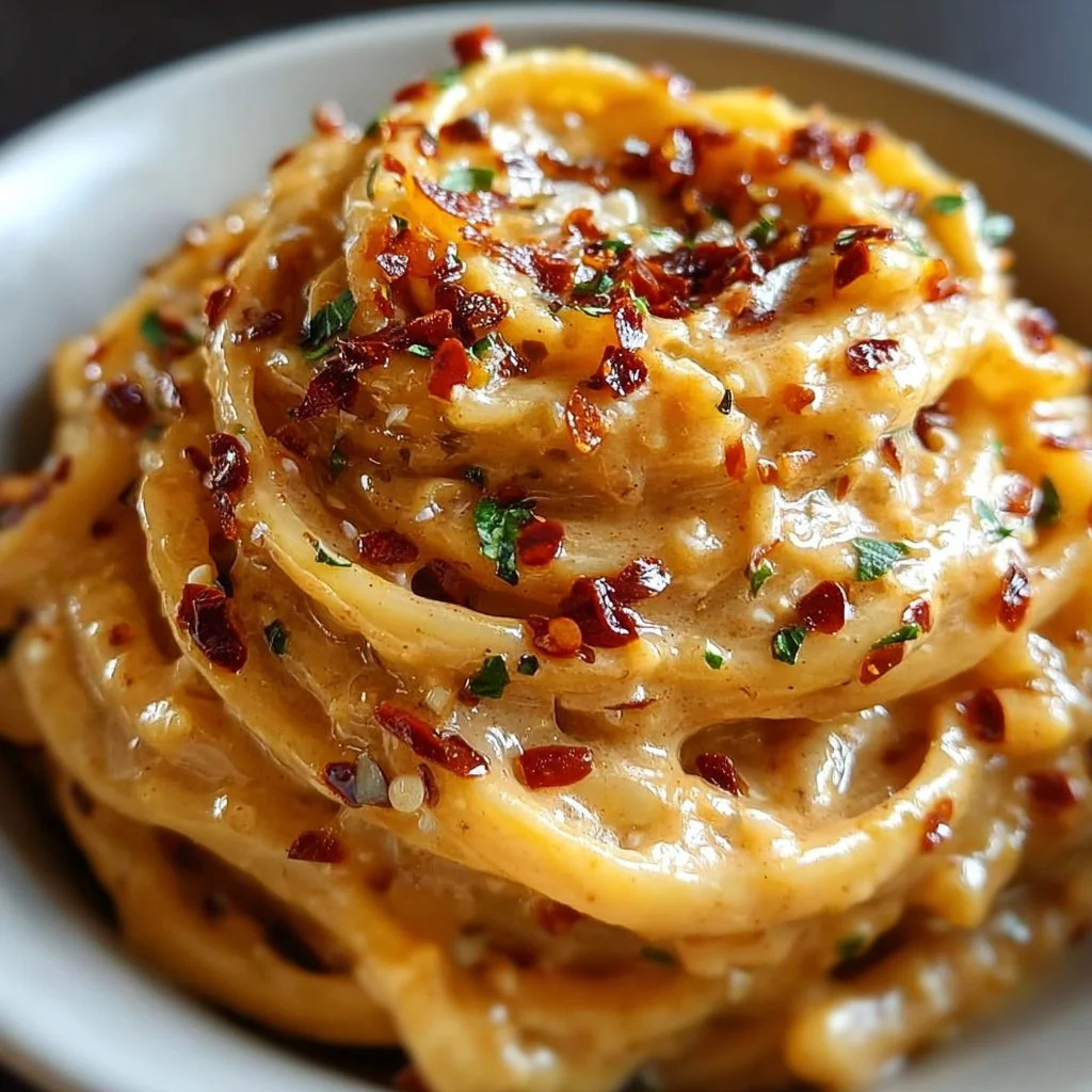 Plate of caramelized onion pasta drizzled with chili oil and garnished with herbs.