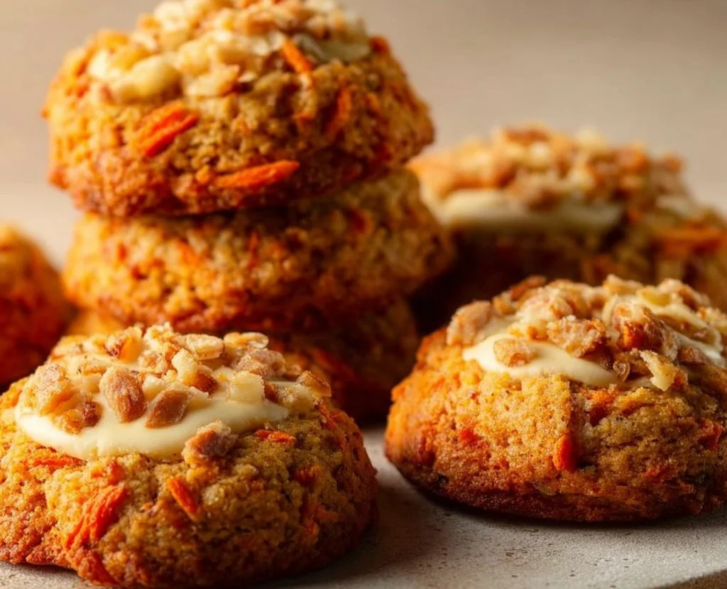 Freshly baked Carrot Cake Cookies topped with cream cheese frosting.
