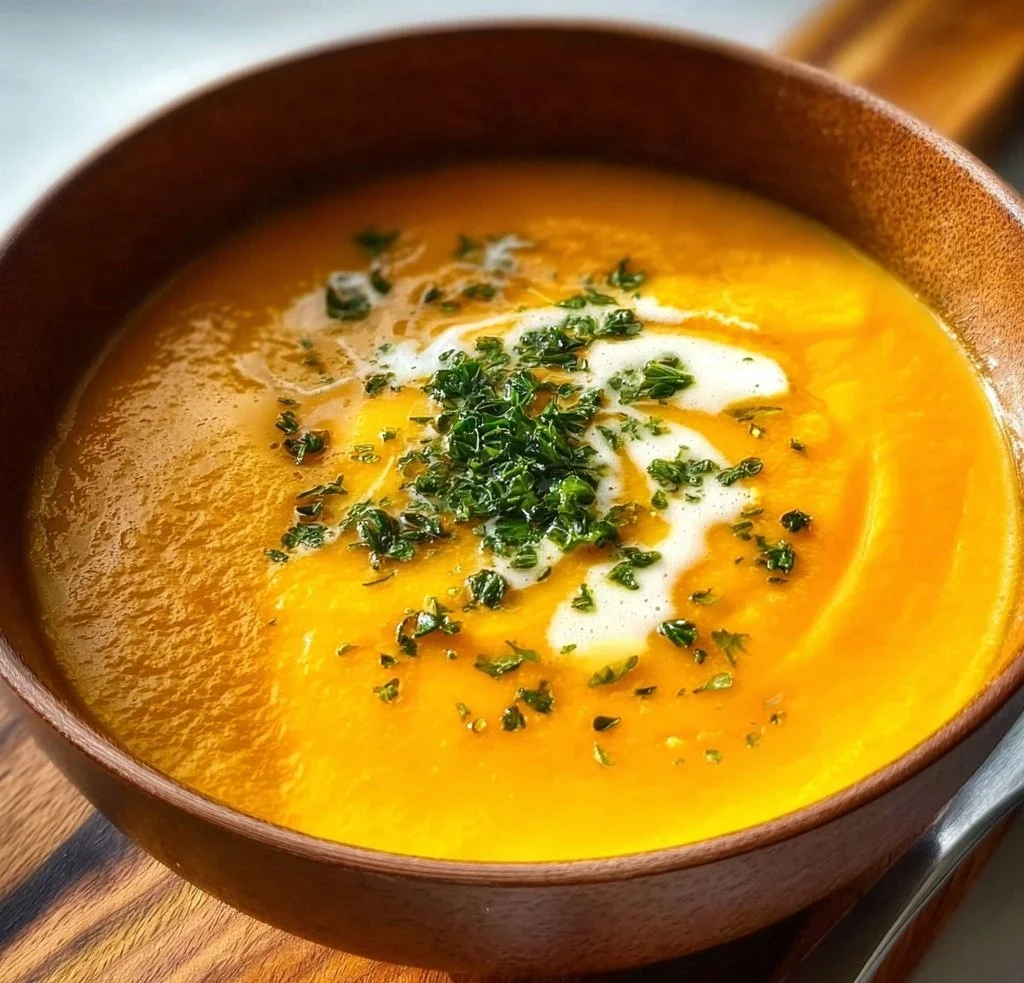 Bowl of carrot ginger soup garnished with fresh herbs