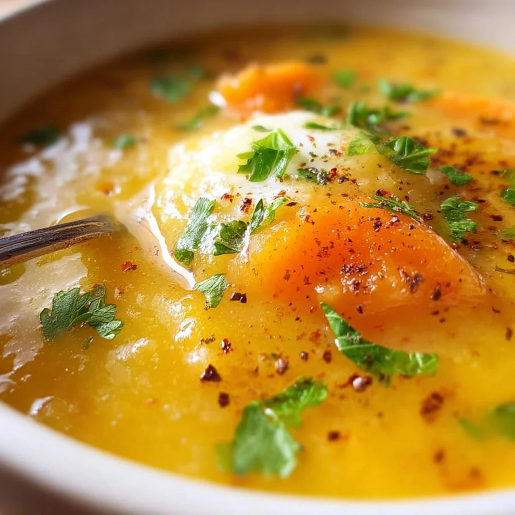Bowl of creamy Carrot Potato Soup garnished with fresh herbs.