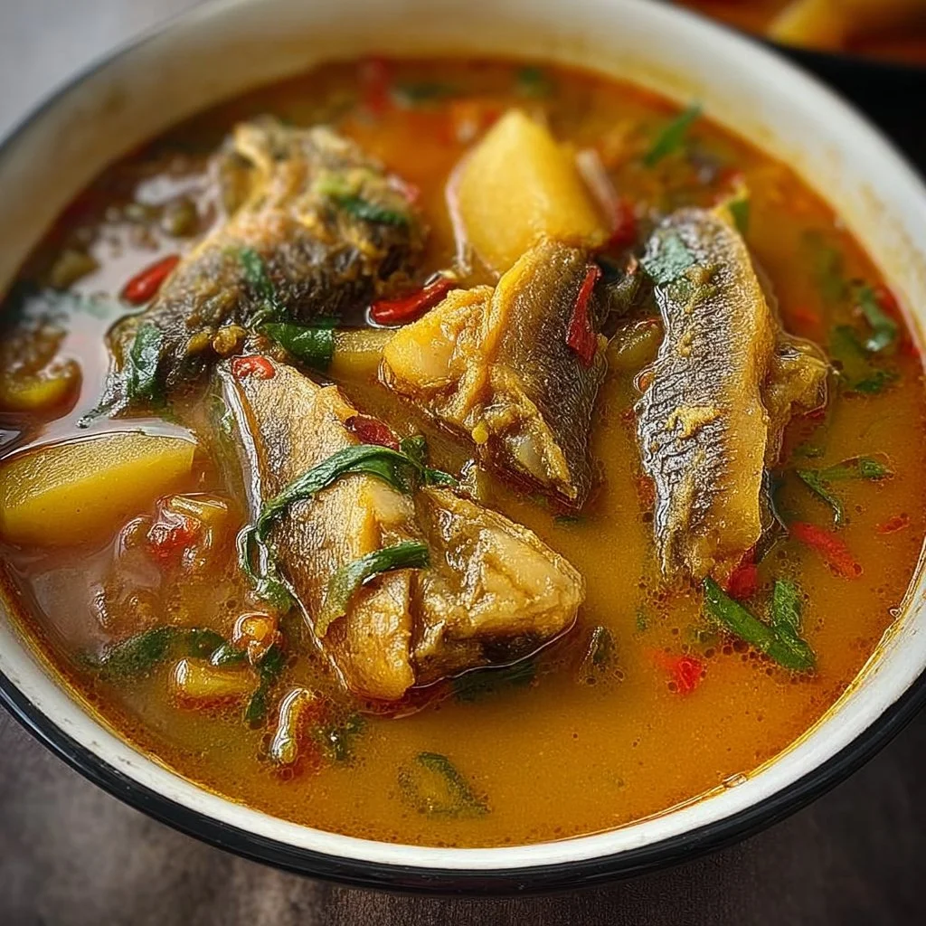 Delicious bowl of catfish pepper soup with spices and herbs