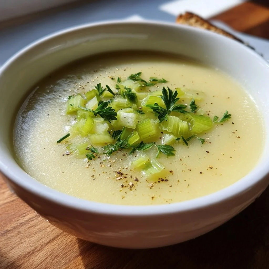Bowl of homemade creamy celery soup garnished with fresh herbs