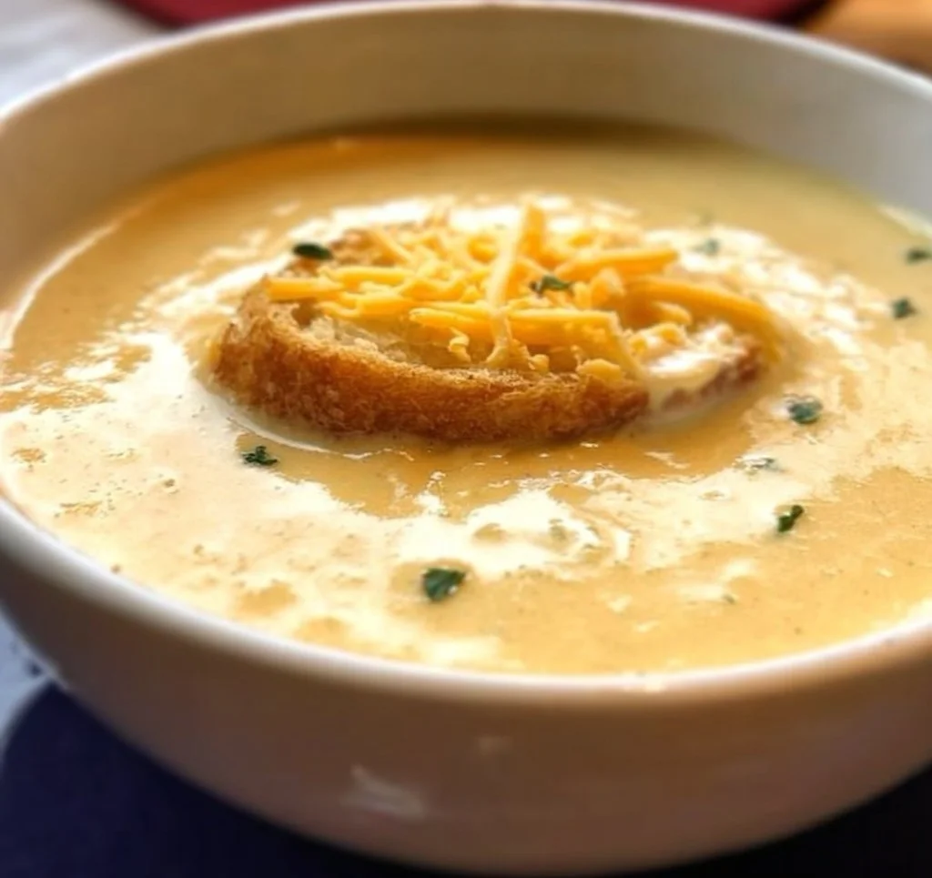 Bowl of homemade cheese soup topped with fresh herbs