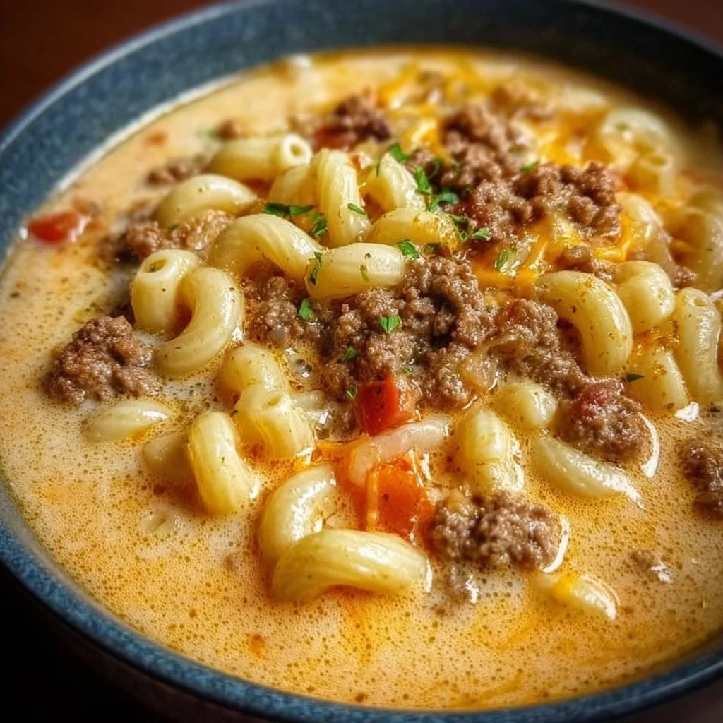 Bowl of creamy Cheeseburger Macaroni Soup with cheese and ground beef