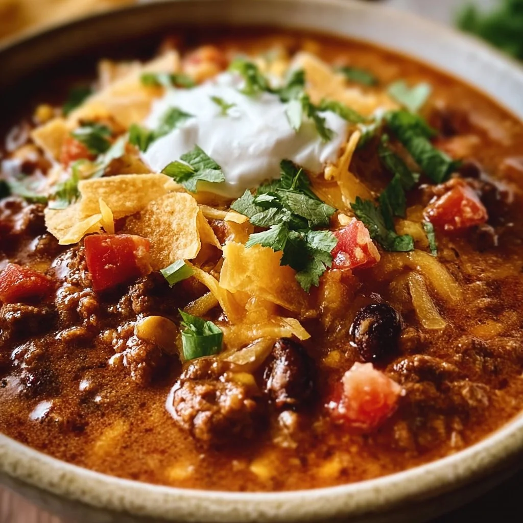 Delicious bowl of Cheesy Enchilada Chili topped with cheese and fresh herbs
