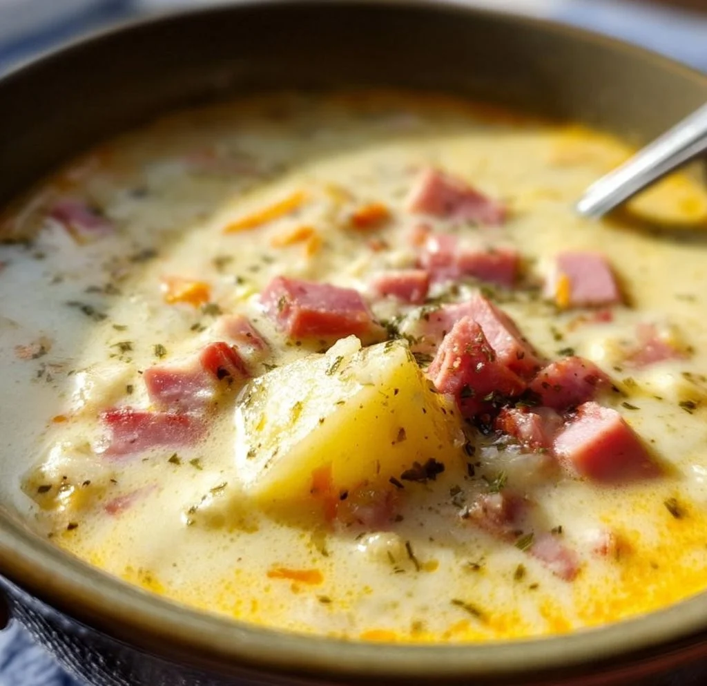 Cheesy ham and potato soup garnished with herbs in a bowl