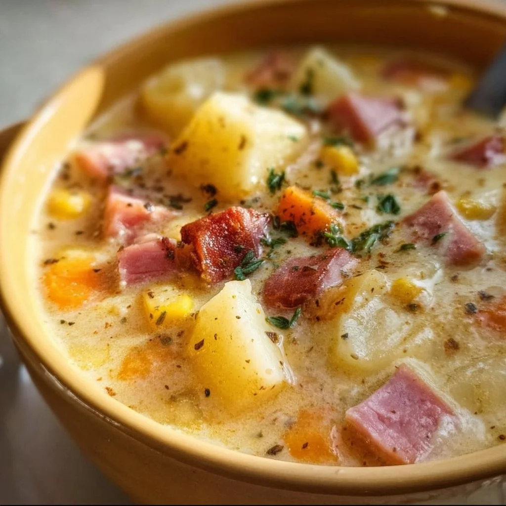 Bowl of creamy Cheesy Ham and Potato Soup topped with herbs