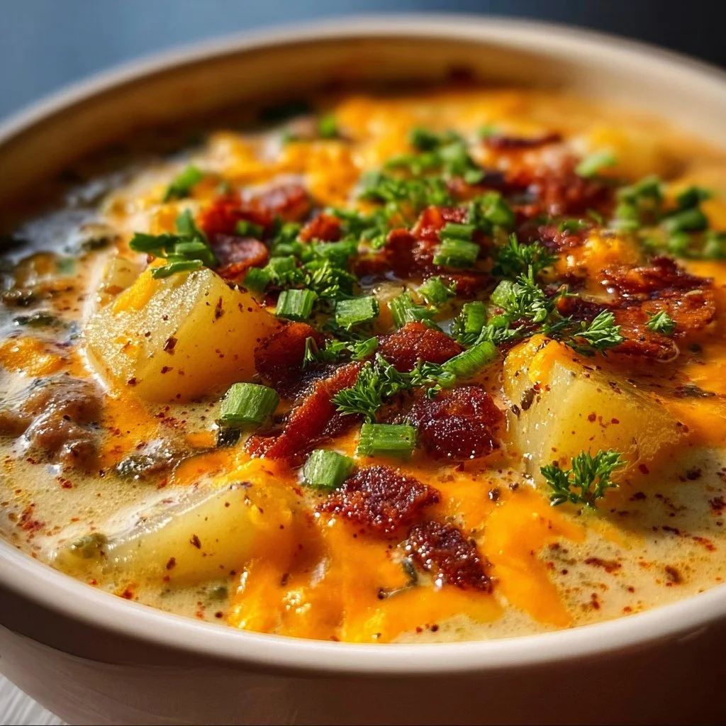 Bowl of cheesy hamburger potato soup with a sprinkle of cheese and herbs