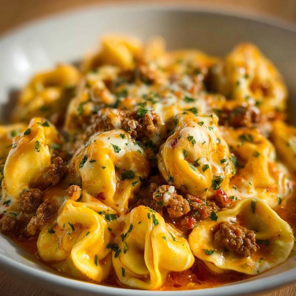 Cheesy taco tortellini served with fresh ingredients and toppings.