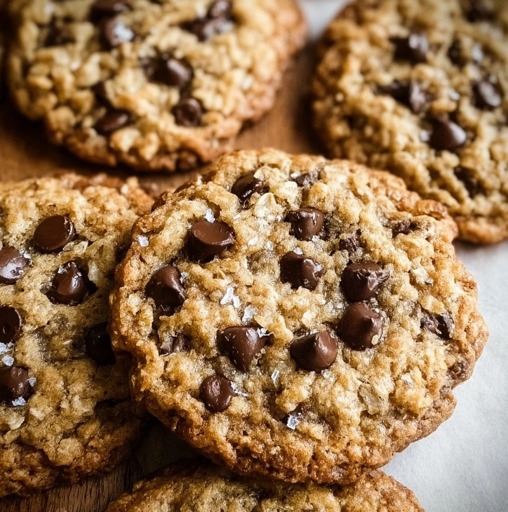 Chewy oatmeal chocolate chip cookies stacked on a plate