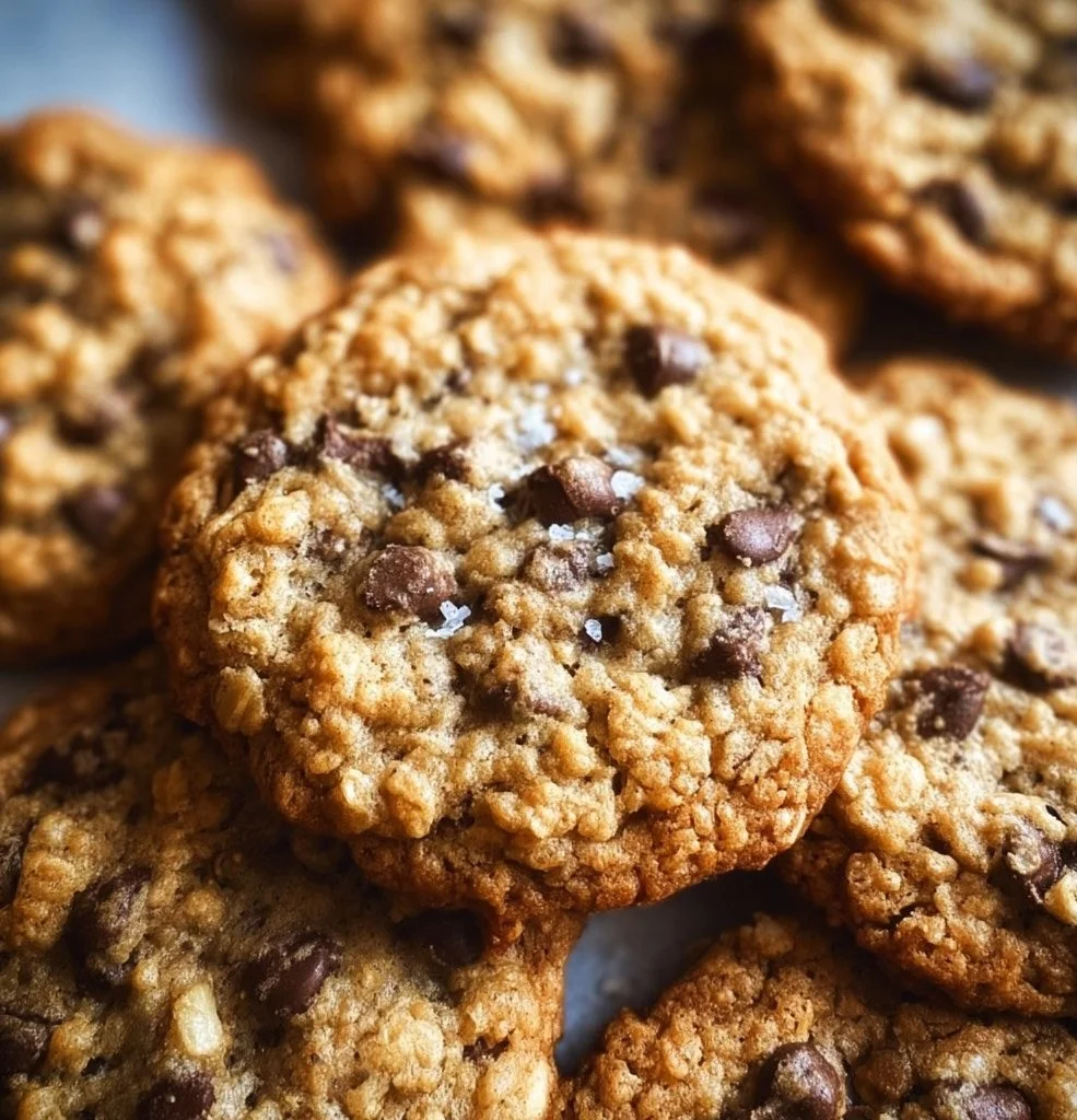 Chewy oatmeal chocolate chip cookies on a plate