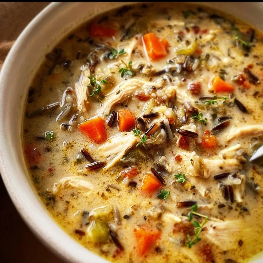 A bowl of chicken and wild rice soup garnished with herbs.