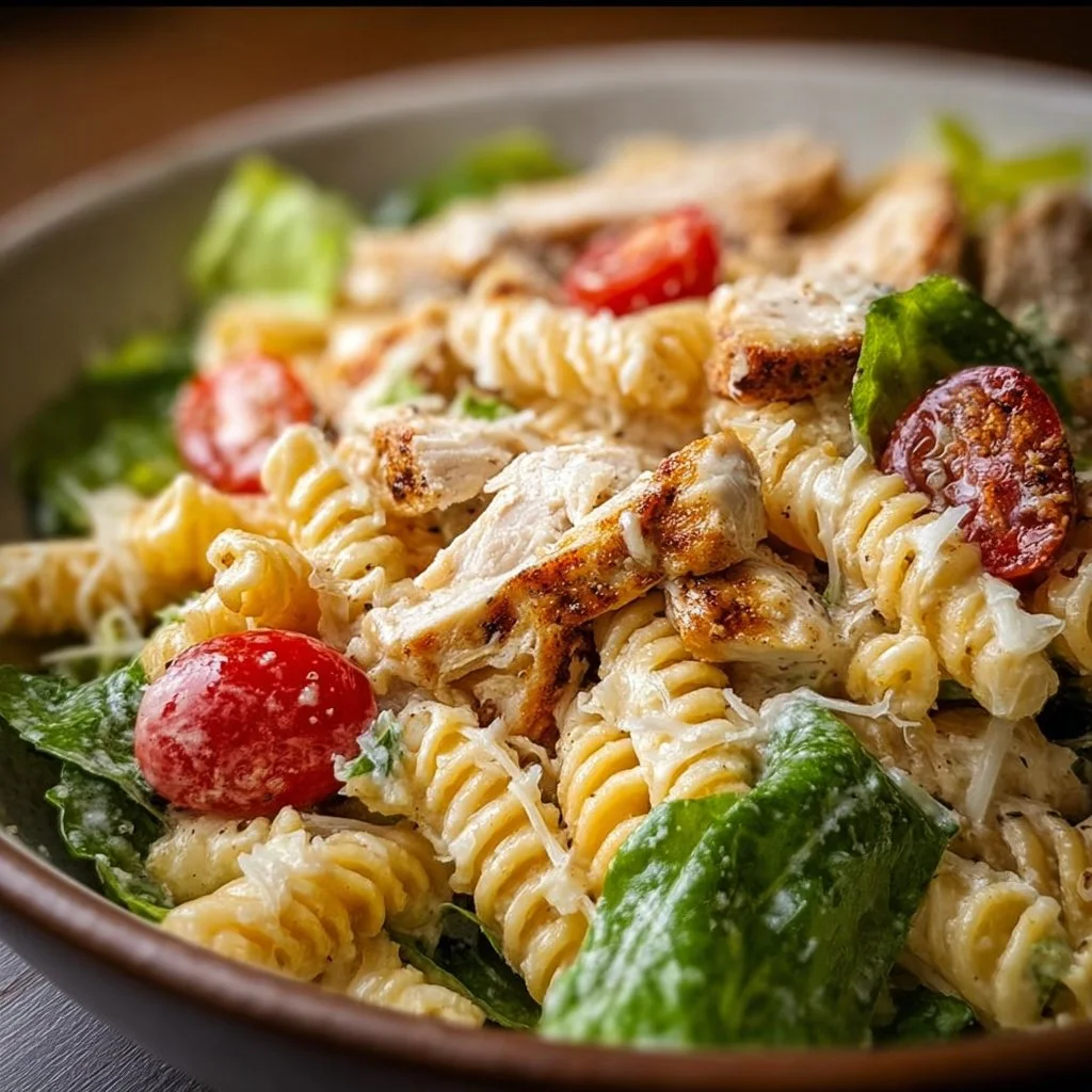 A vibrant bowl of Chicken Caesar Pasta Salad with romaine lettuce and parmesan.