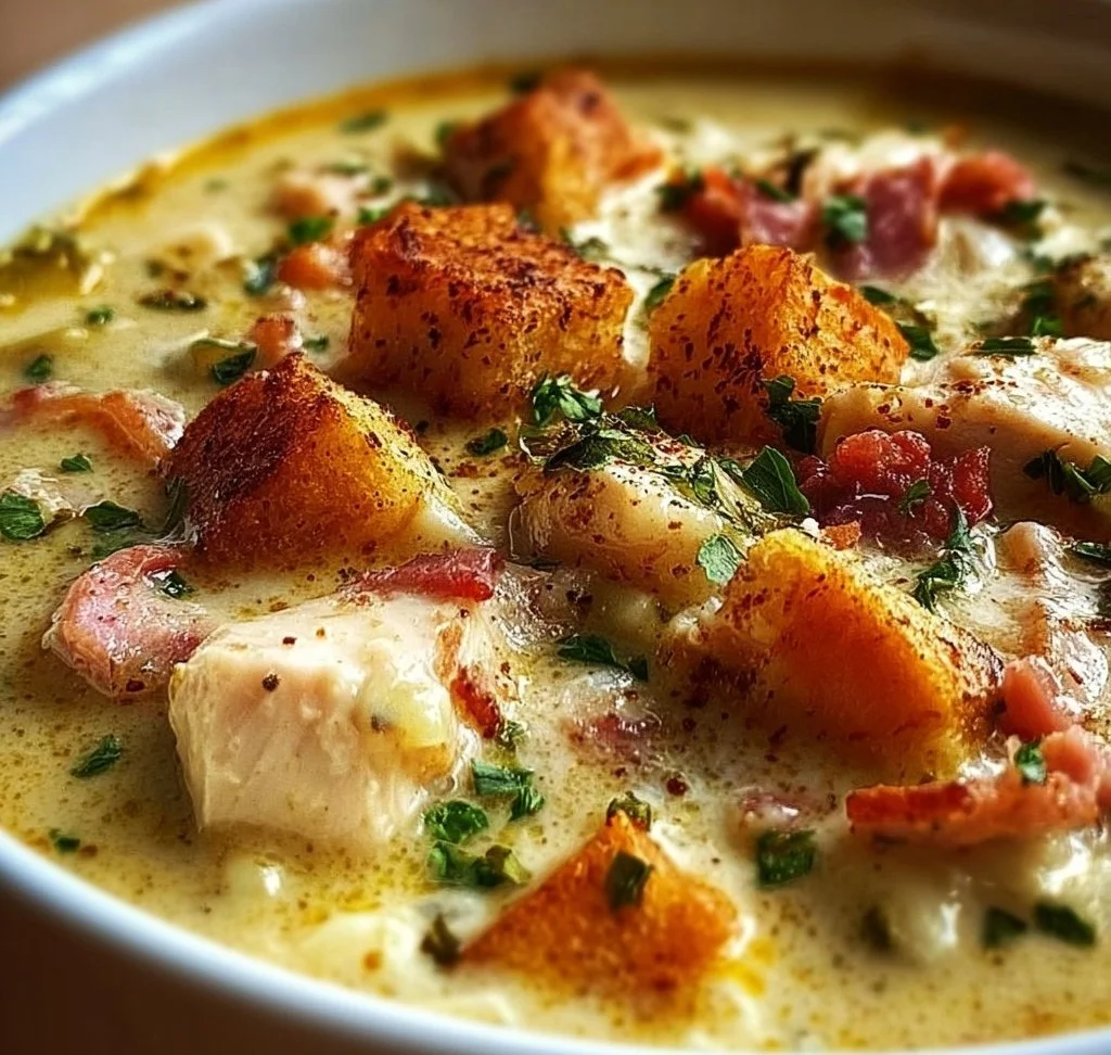 Bowl of delicious Chicken Cordon Bleu Soup with garnishes