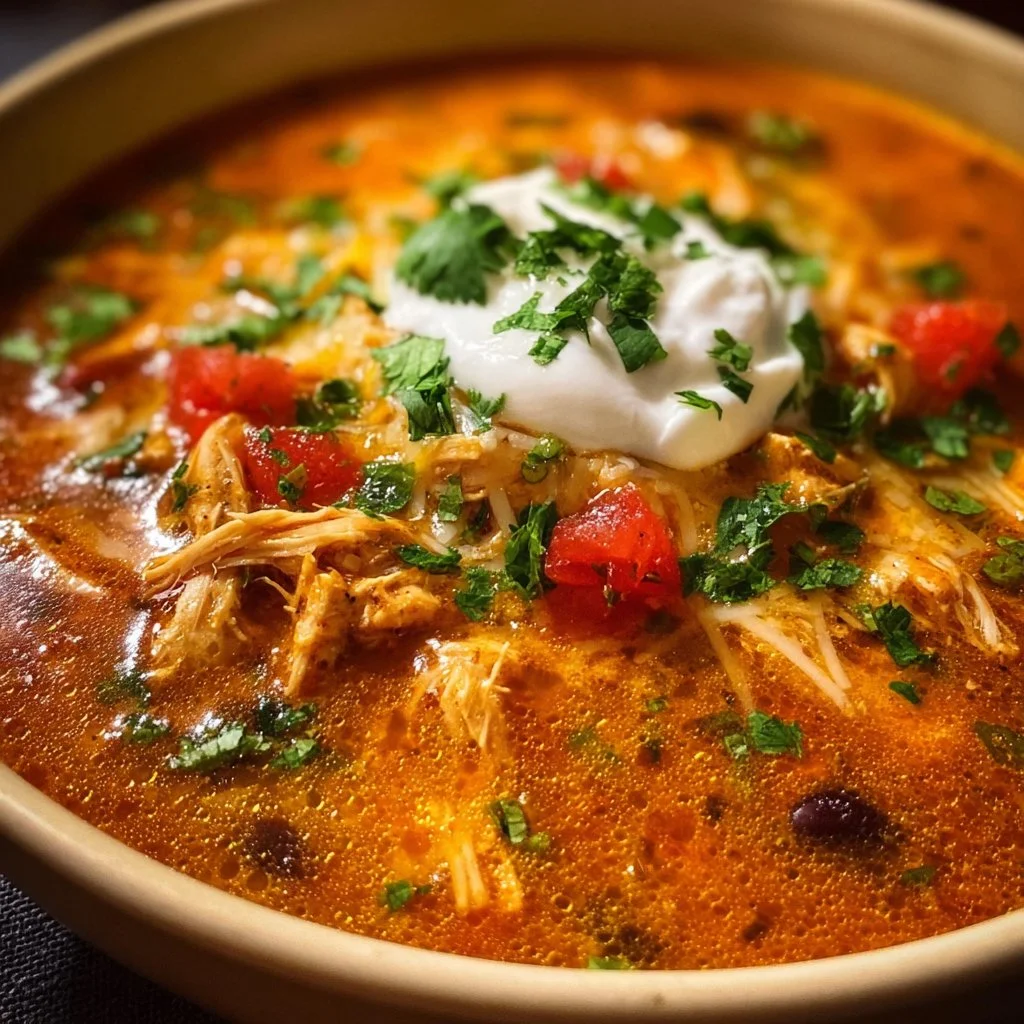 Bowl of hearty Chicken Enchilada Soup topped with cheese and cilantro