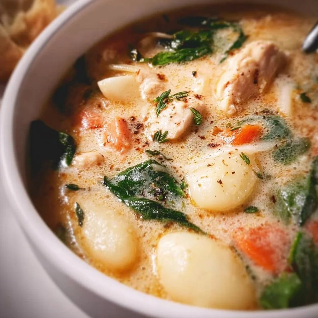 Bowl of Chicken Gnocchi Soup garnished with herbs and vegetables