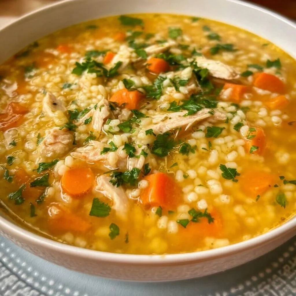 Bowl of Chicken Pastina Soup with vegetables and pasta