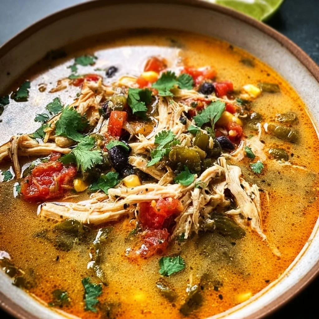 Delicious bowl of Chicken Poblano Soup garnished with cilantro and lime