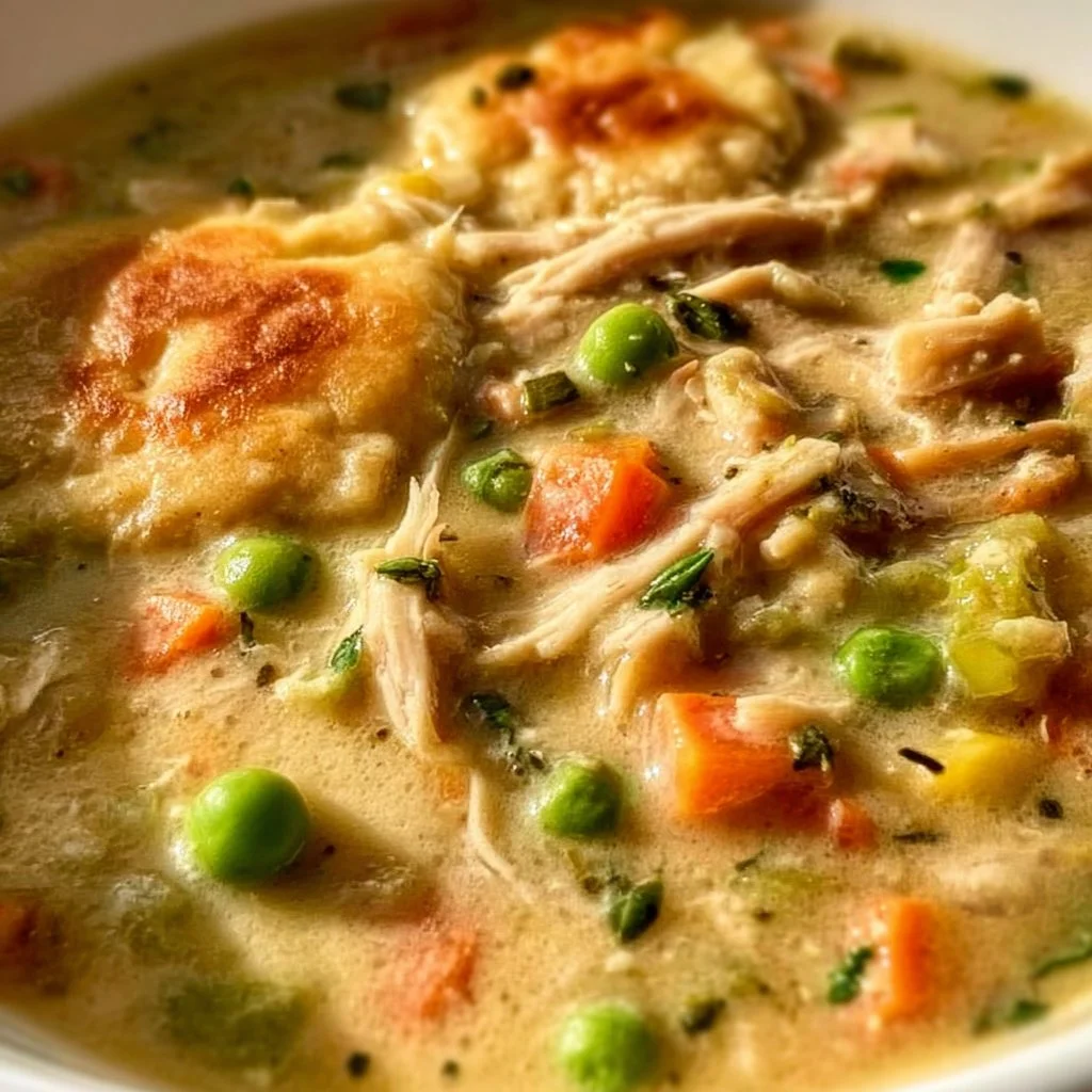 Delicious chicken pot pie soup with chicken, vegetables, and creamy broth