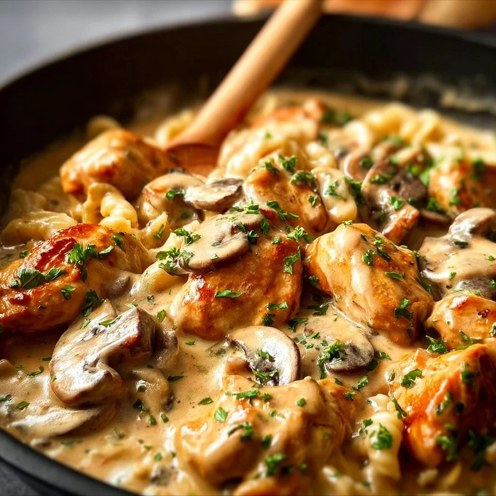 Delicious Chicken Stroganoff served over egg noodles