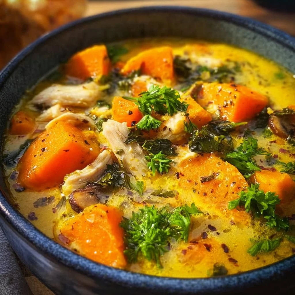 Bowl of homemade chicken sweet potato soup with herbs and spices