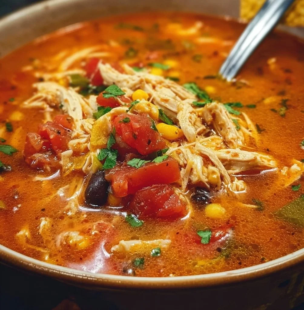 Bowl of Chicken Tortilla Soup topped with crispy tortilla strips and avocado