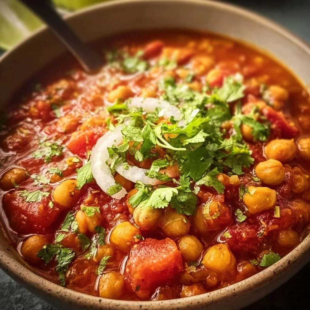 Bowl of delicious chickpea chili topped with fresh herbs and spices