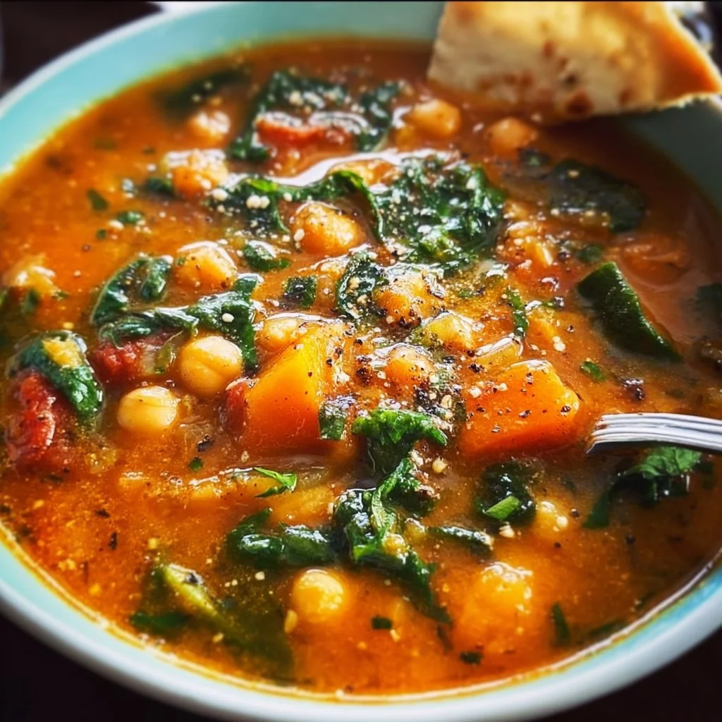 Bowl of delicious chickpea soup garnished with herbs and spices.