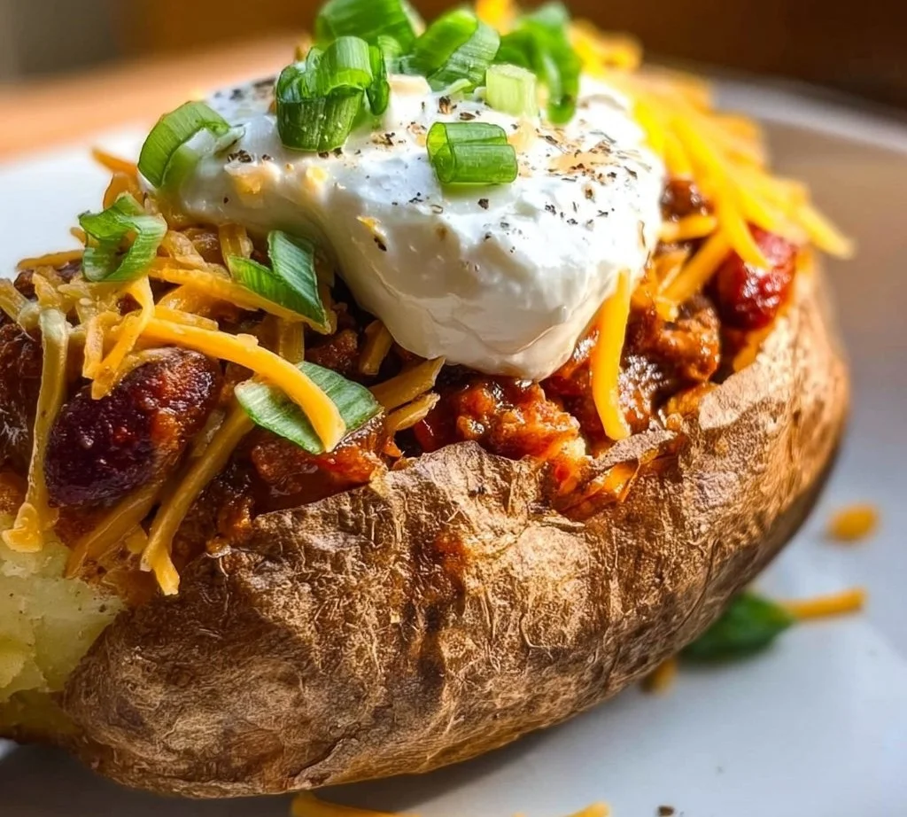 Chili Baked Potato topped with cheese and green onions
