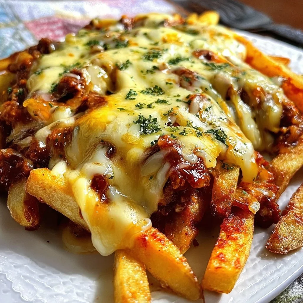 Delicious Chili Cheese Fries topped with melted cheese and chili